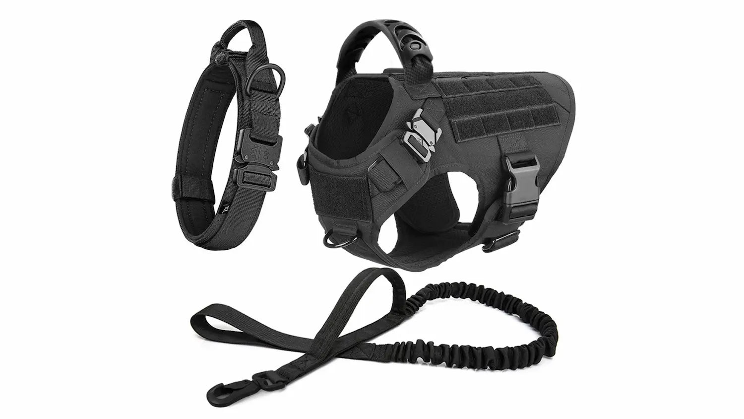 The Walk System 3-piece tactical dog set in black — harness, padded collar and bungee leash