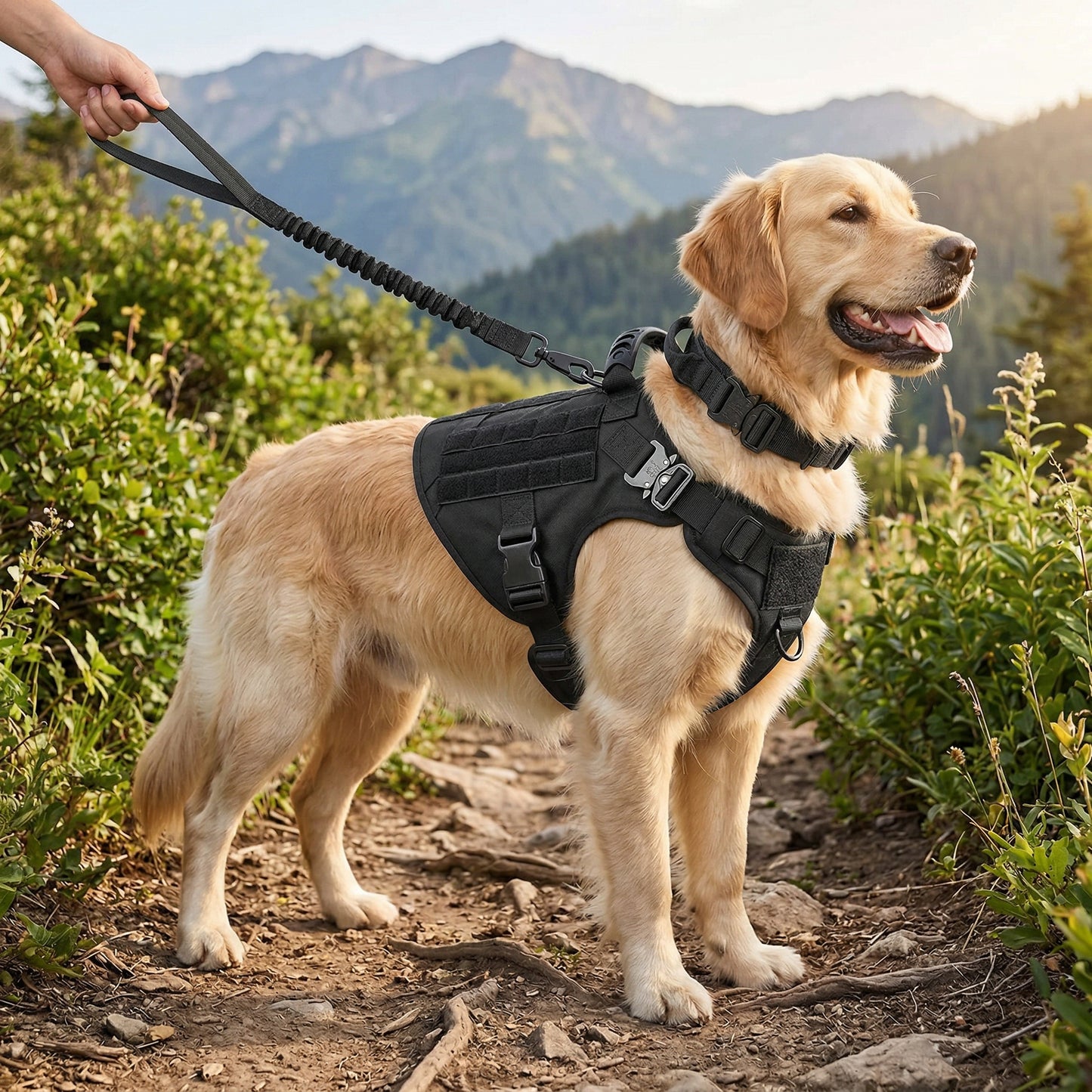 Golden retriever wearing the black harness on a hiking trail, showing real‑life fit and look.