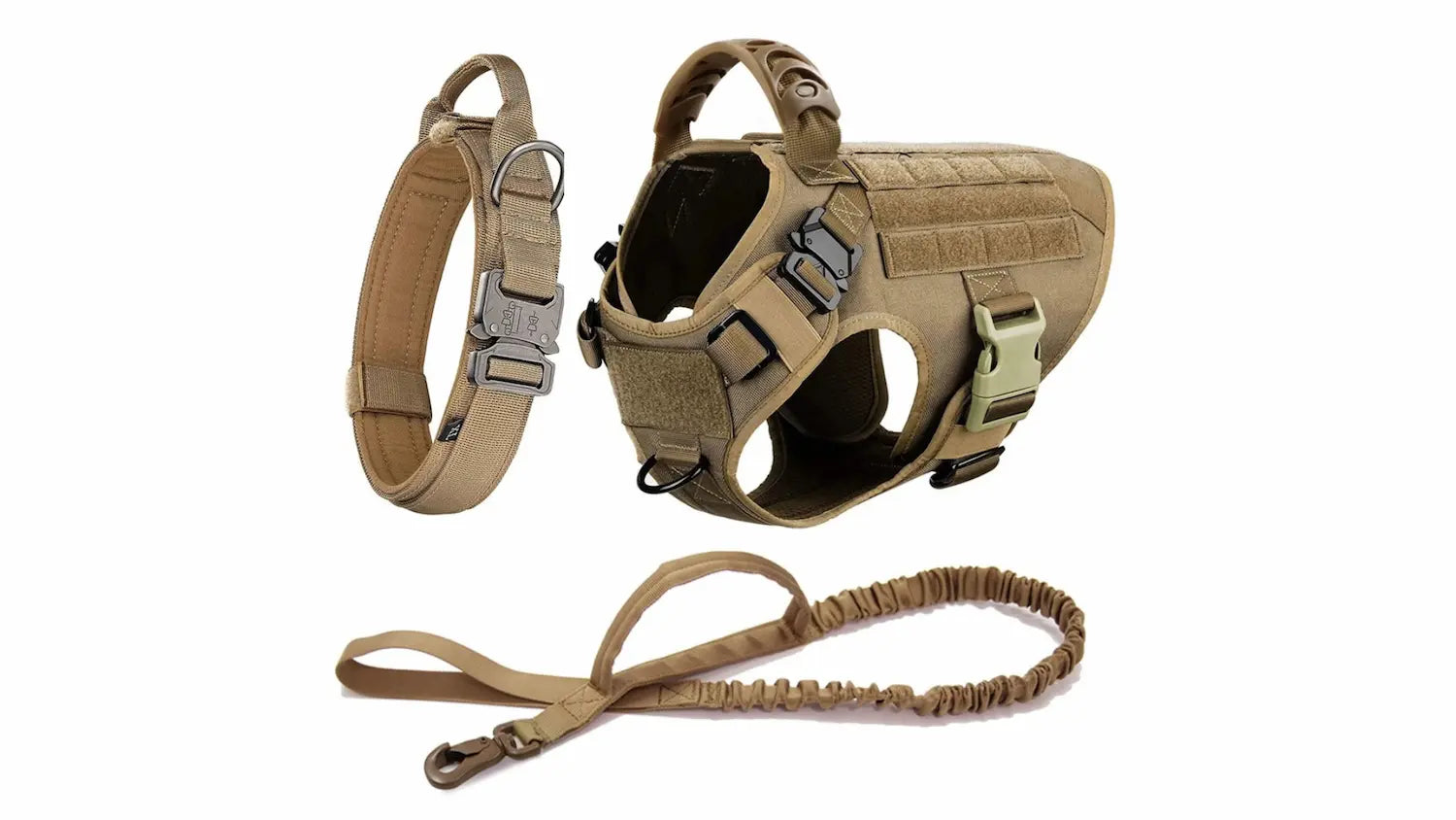 The Walk System 3-piece tactical dog set in brown — harness, padded collar and bungee leash