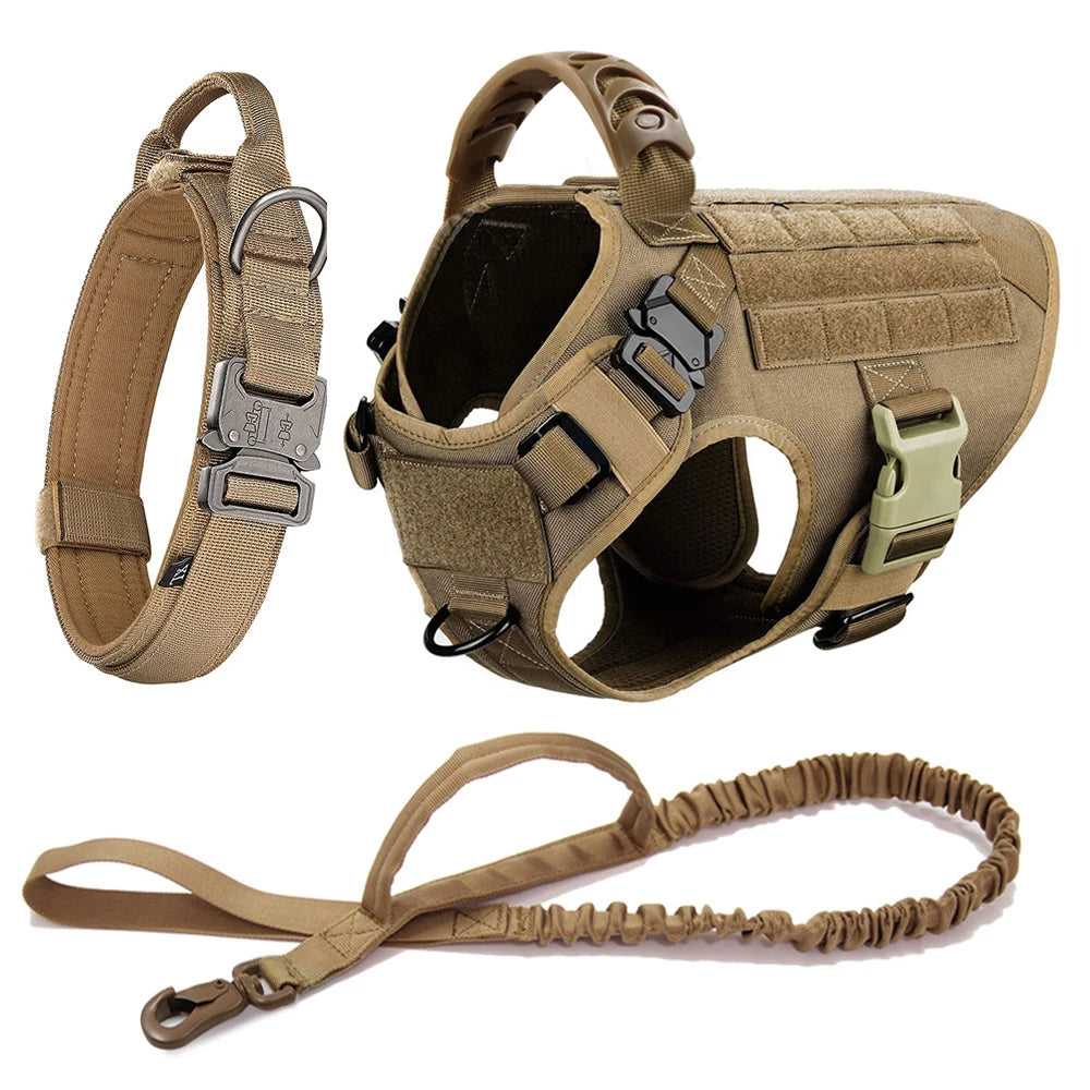 The Walk System 3‑piece set in brown: tactical dog harness, matching collar, and bungee leash on a white background.
