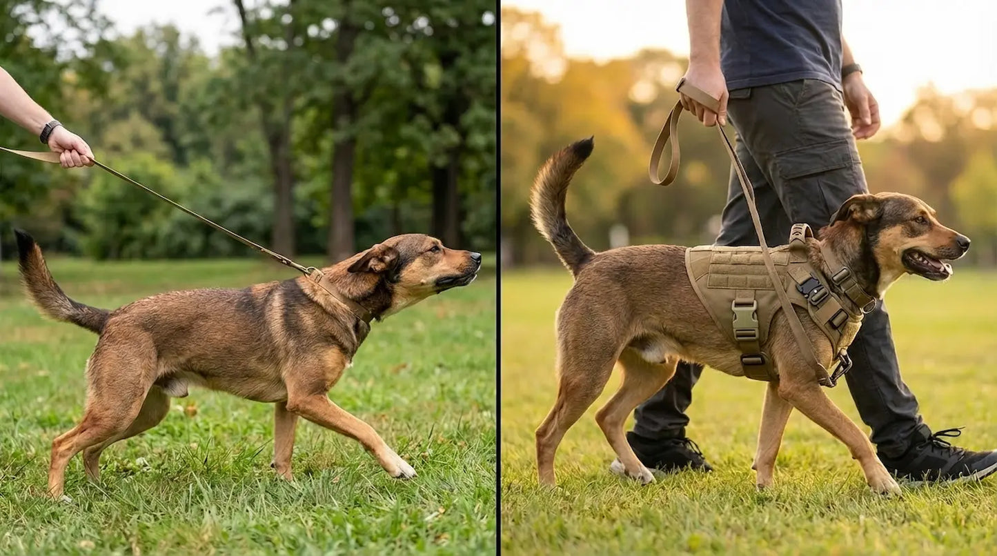 Before and after: a dog pulling on a basic leash versus walking calmly in the Walk System harness