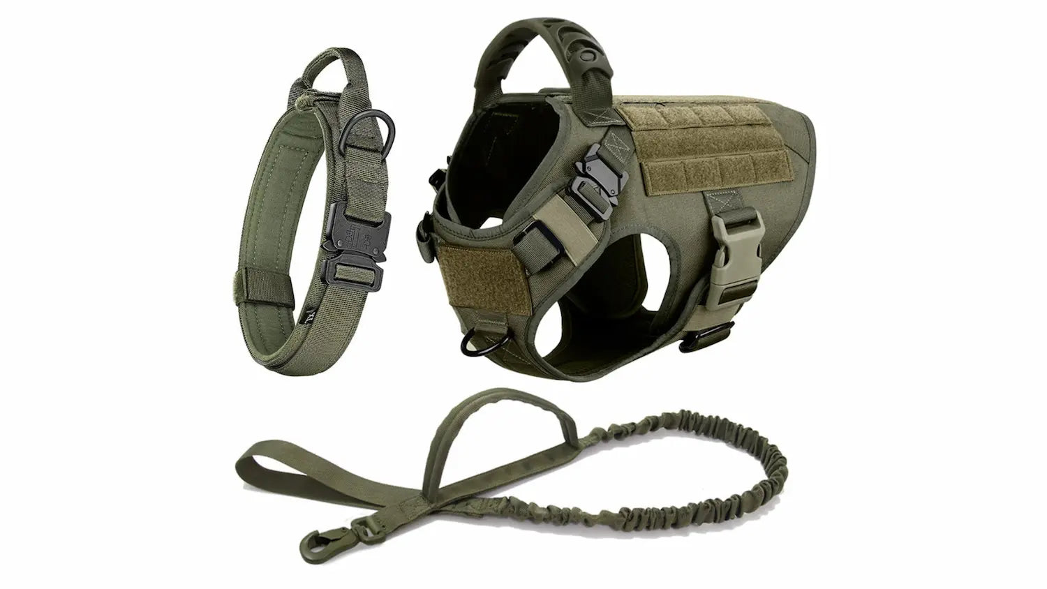 The Walk System 3-piece tactical dog set in olive green — harness, padded collar and bungee leash