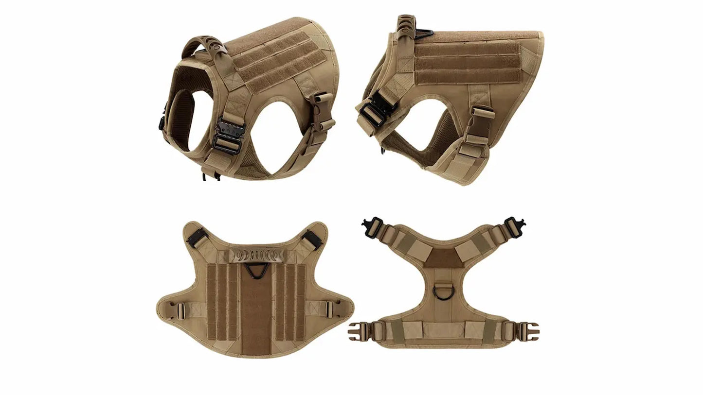 Multi-angle view of the brown tactical dog harness showing the handle, buckles and adjustable straps