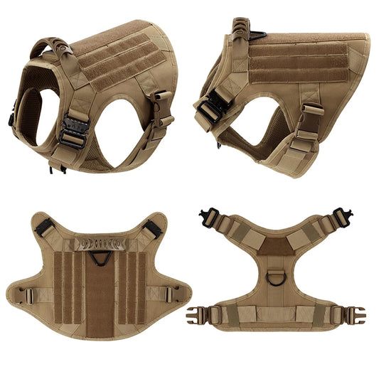 Multi‑angle views of the brown tactical dog harness showing handle, buckles, adjustable straps, and attachment points.