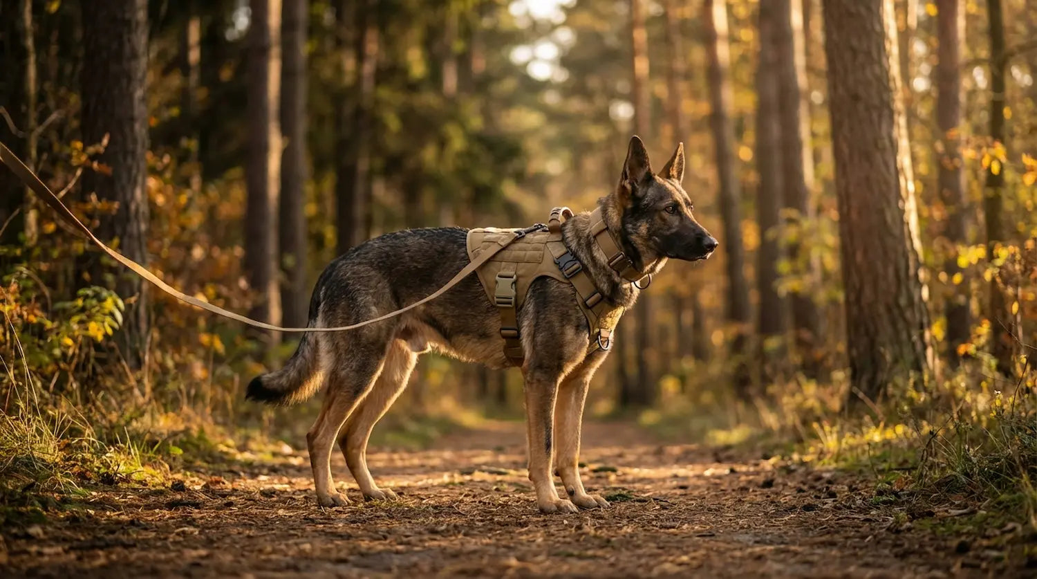 German Shepherd on a forest trail at sunset wearing the Walk System tactical harness in brown