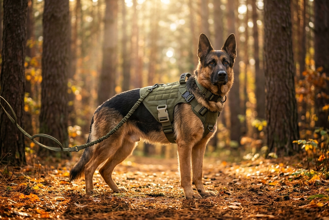 Dog on a hiking trail wearing the Walk System in olive green — tactical harness, padded collar, and bungee leash.