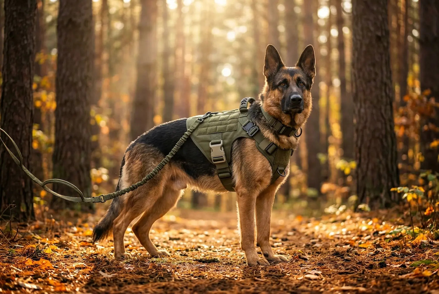 Dog on a hiking trail wearing the Walk System in olive green — harness, padded collar and bungee leash