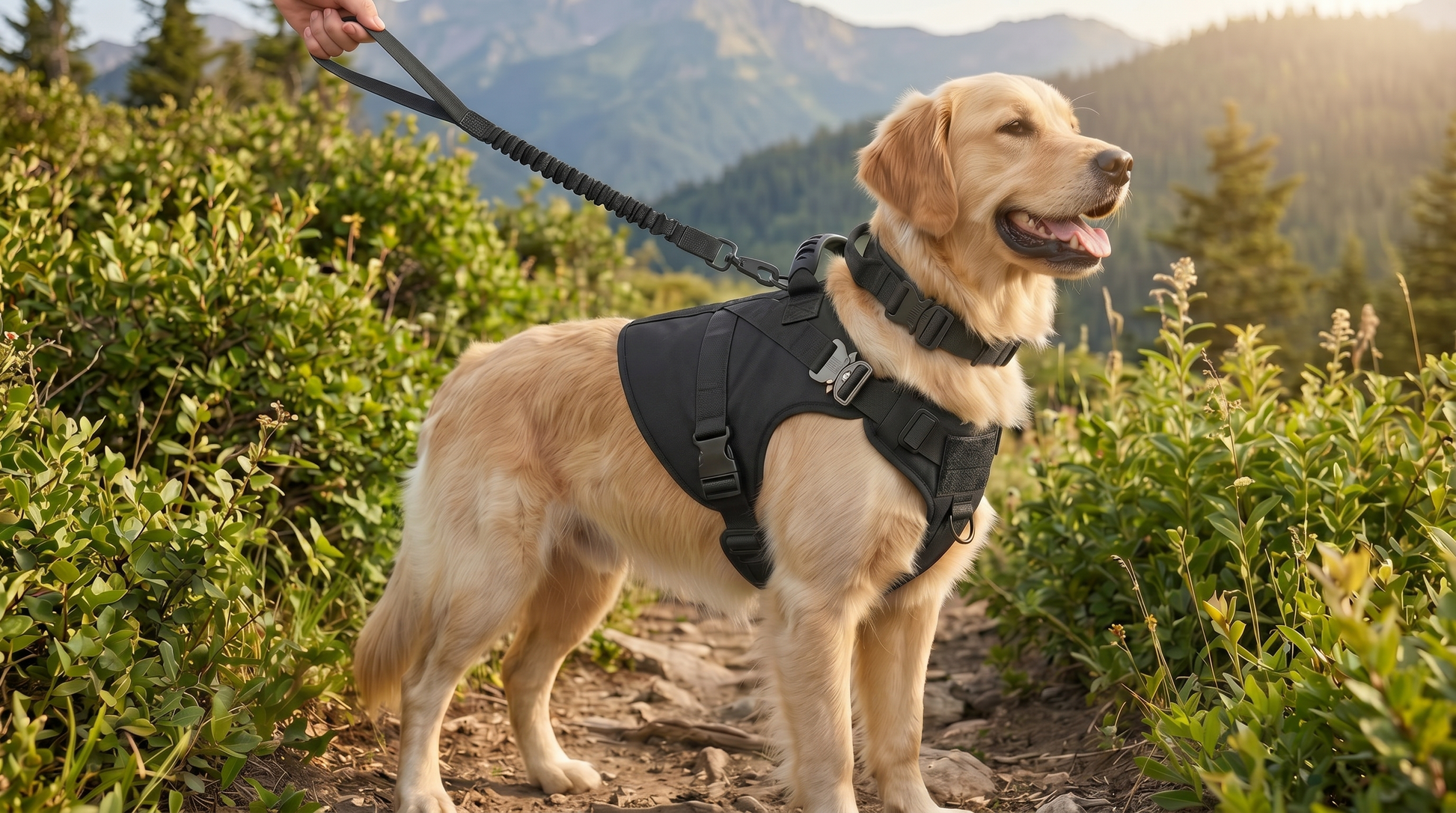 Golden retriever wearing the black harness on a hiking trail, showing real‑life fit and look.