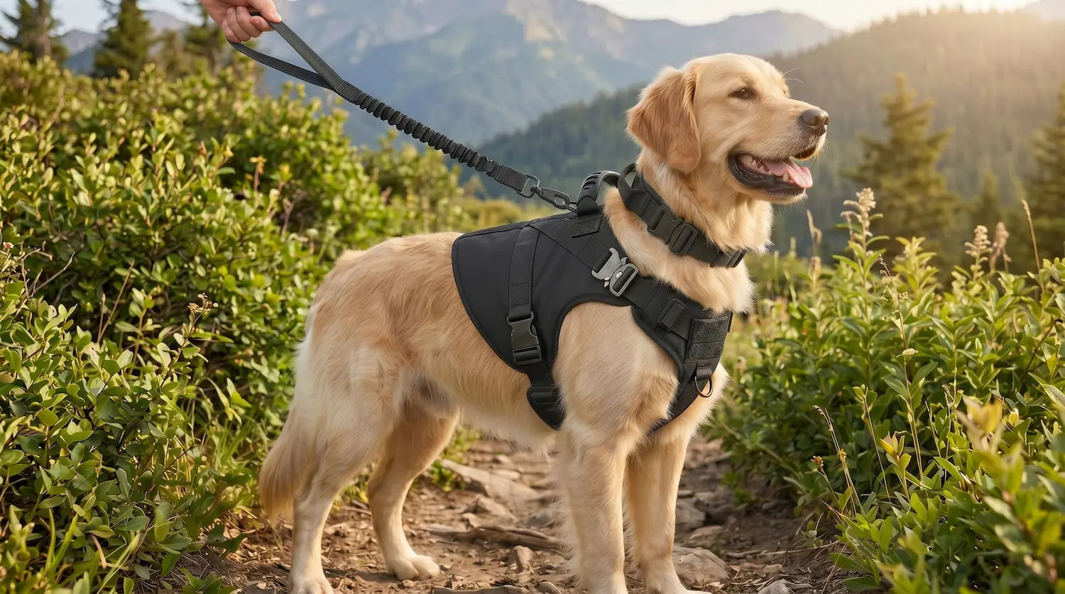 Golden retriever wearing the Walk System tactical harness in black on a hiking trail